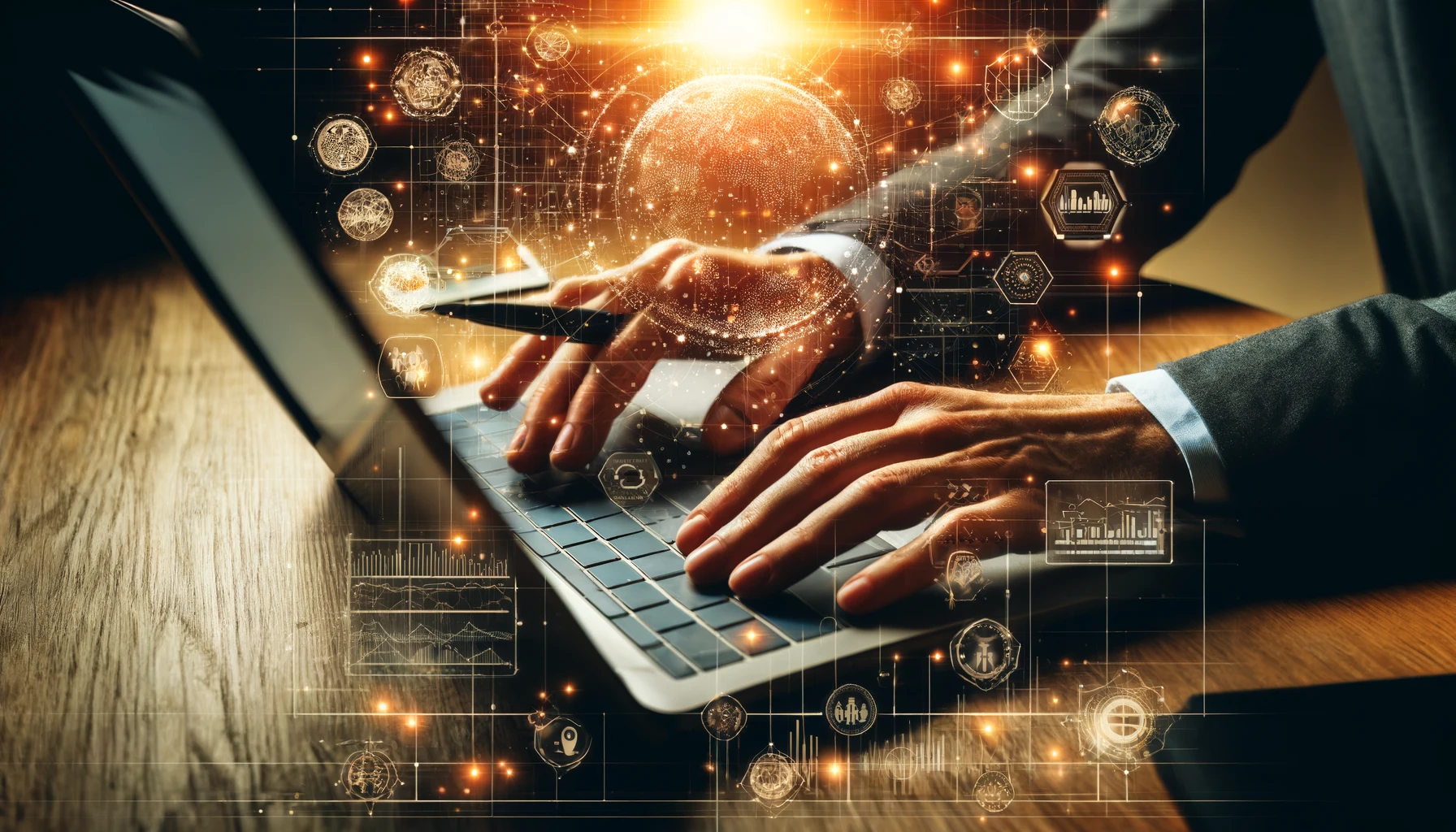 A wide-angled image of hands working on a laptop with digital graphs and analytics on the screen, integrated with an overlay of futuristic network and data exchange visuals. The overlay should include icons and symbols of connectivity, data nodes, and technology interfaces. The atmosphere is to be dynamic, illustrating the concept of big data analysis, digital transformation, and the flow of information in the digital age, with a warm lens flare effect to add depth and focus to the image.