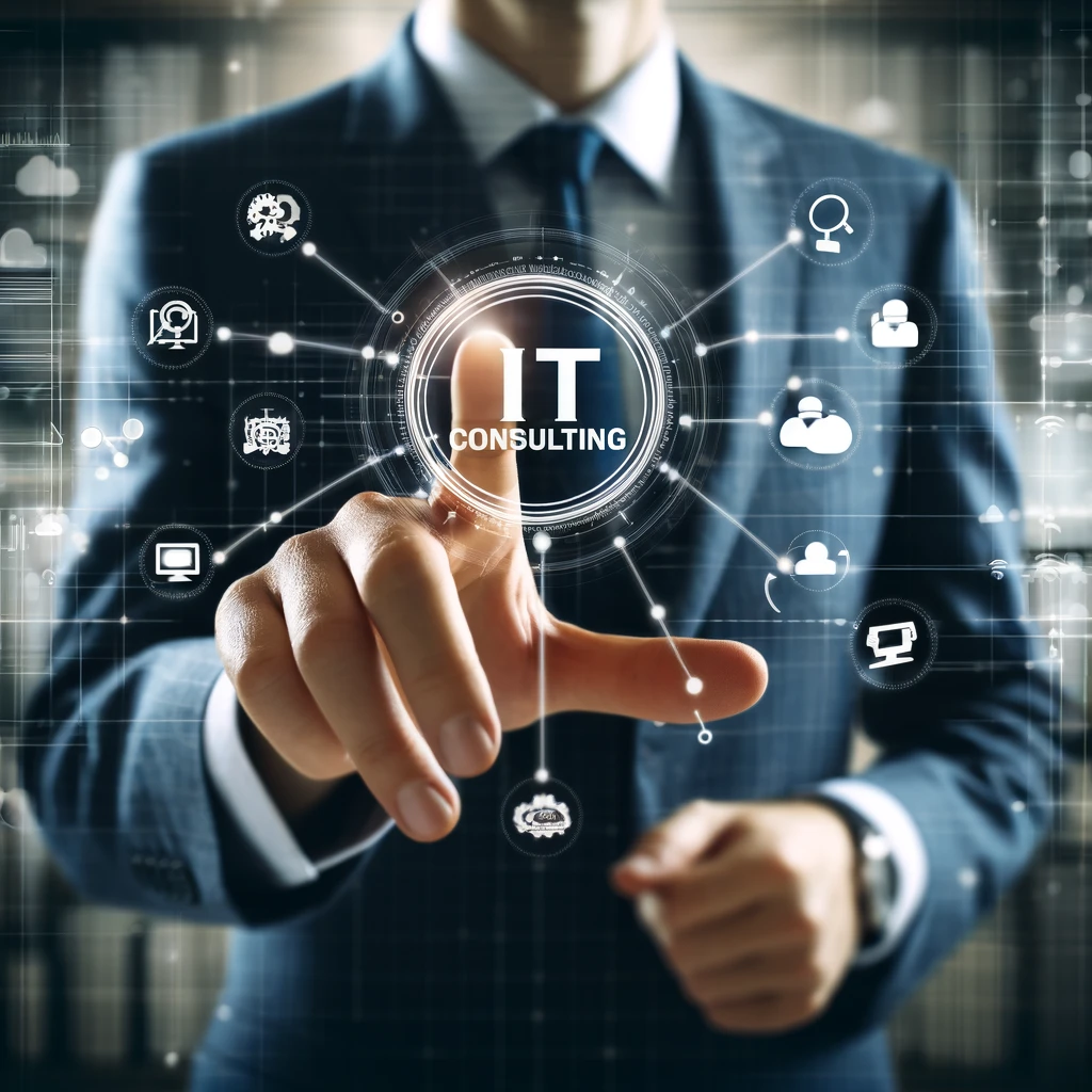 Create an image symbolizing IT consulting in a business-like photo. In the center, there is a person dressed in a suit and tie, reaching out directly towards the camera, as if pointing at a transparent virtual interface. This interface is emblazoned with the words 'IT Consulting' and surrounded by icons such as a cloud, charts, and icons representing network connections, all relating to IT services. The background is blurred, suggesting a modern IT industry context with digital technology and cloud services. This photo is likely intended for use as marketing material to advertise IT consultant services.