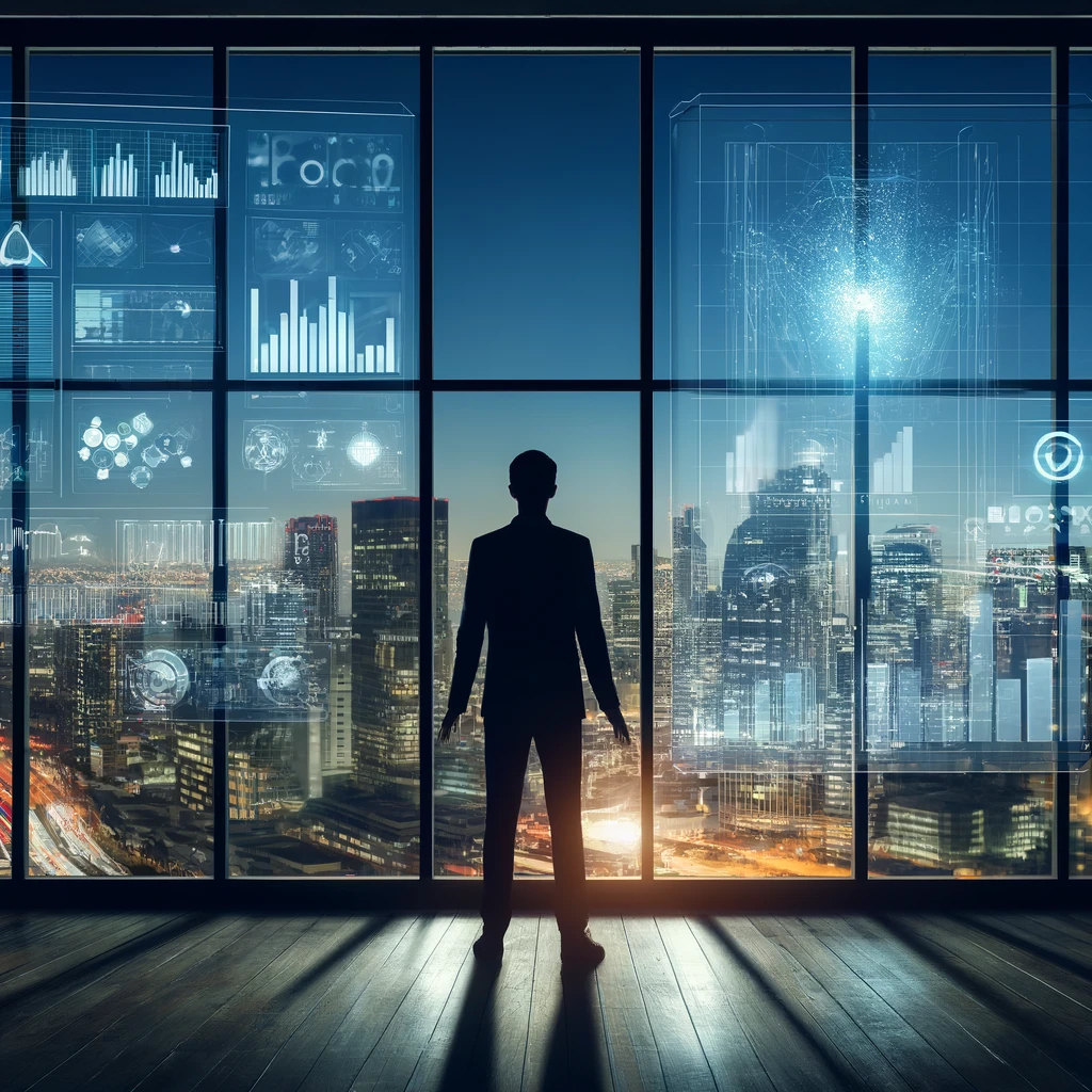 Create an image of a silhouette of a person standing in front of a large window, looking out at a cityscape at dusk or night. The person is interacting with futuristic transparent digital screens displaying various graphs, charts, and numerical data, suggesting a high-tech environment. The room is dimly lit, and the ambiance suggests a scene of modern business analysis or data management, with a feel of advanced technology and strategic planning.