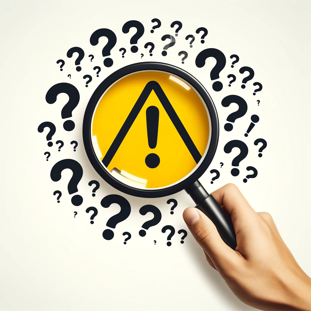 Create an image featuring a hand holding a magnifying glass over a plain white background. Within the magnifying glass, there's a caution sign with an exclamation mark, surrounded by multiple question marks, suggesting a concept of searching for answers or warnings. The hand should appear to be actively examining the symbol, reflecting curiosity or investigation.