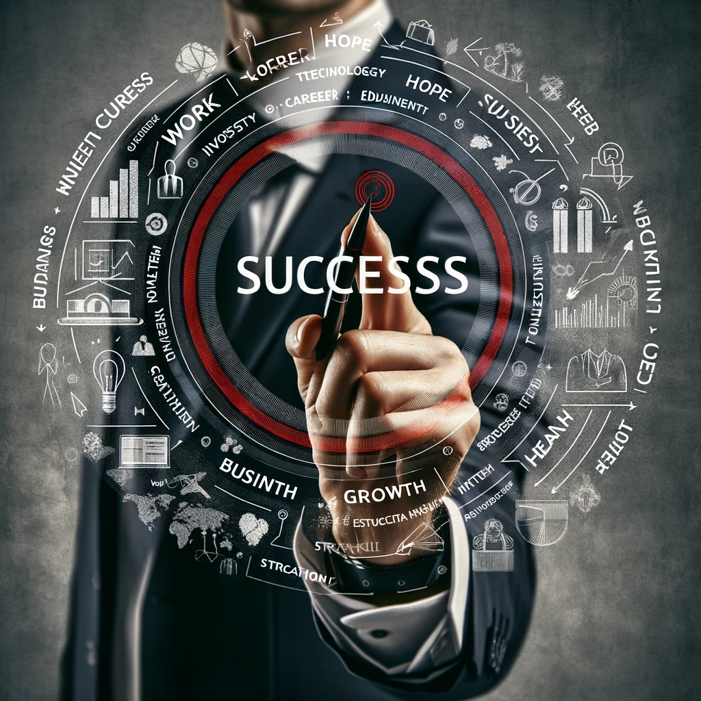 Create an image that depicts a business-like scene with a formally dressed individual in a suit pointing at something in the foreground. In their hand, they appear to be holding something akin to a pen, circling and emphasizing the word 'Success' in red. Surrounding this word are floating terms such as 'Work', 'Hope', 'Career', 'Business', 'Technology', 'Investment', 'Growth', 'Health', 'Education', and 'Strategy'. These words represent elements related to business and personal success, and the overall design evokes themes of motivation and goal achievement. The background is grey, with the terms displayed in white, making the red-circled 'Success' stand out prominently. This type of image would be suitable for use in business presentations or motivational posters.