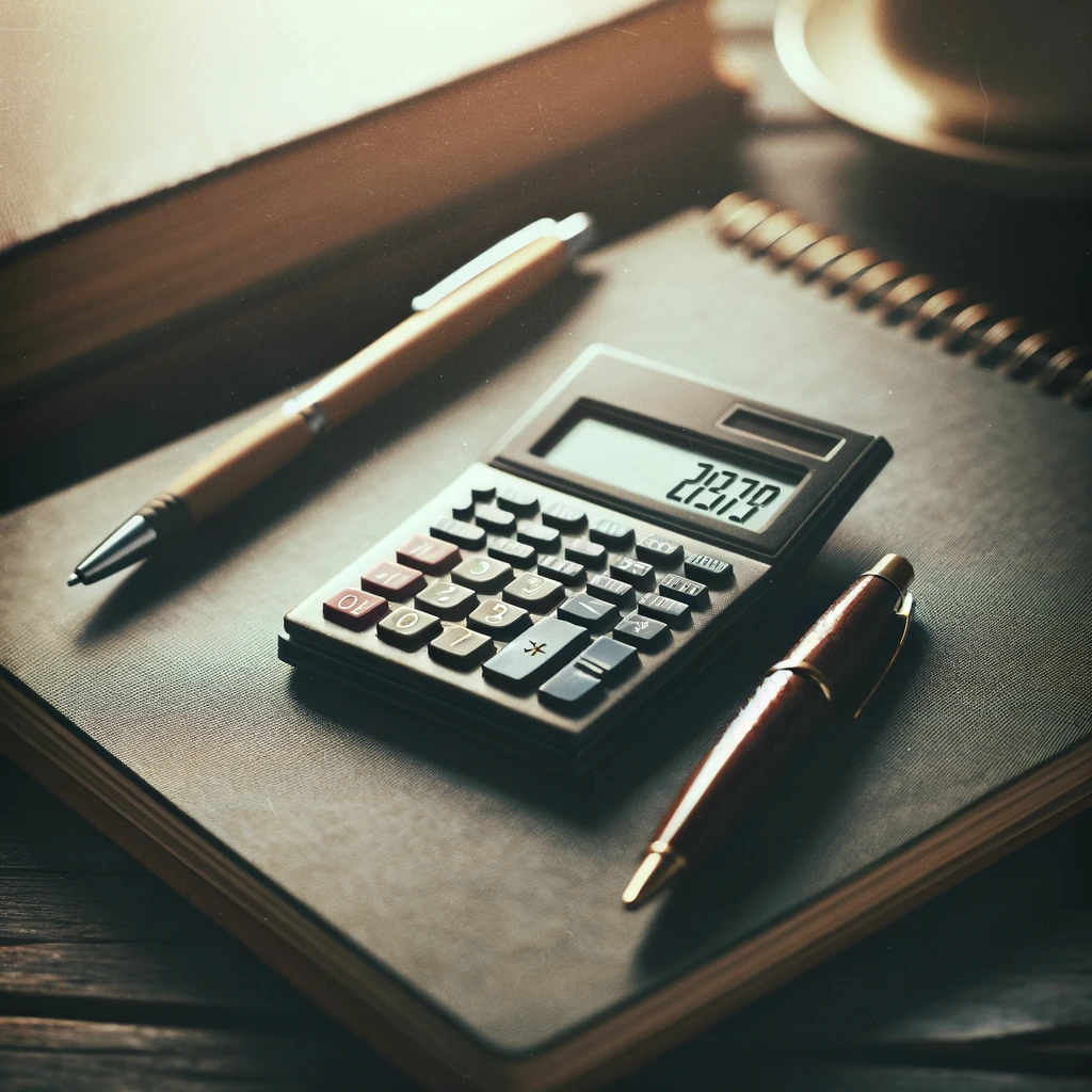 Create an image featuring a notepad and a calculator on top of it. The scene has a vintage, somewhat moody atmosphere with a focus on the calculator displaying a clear screen or simple numbers. The notepad, calculator, and perhaps a pen, should be resting on a dark surface, possibly a wooden desk, with a hint of a classic or rustic vibe.