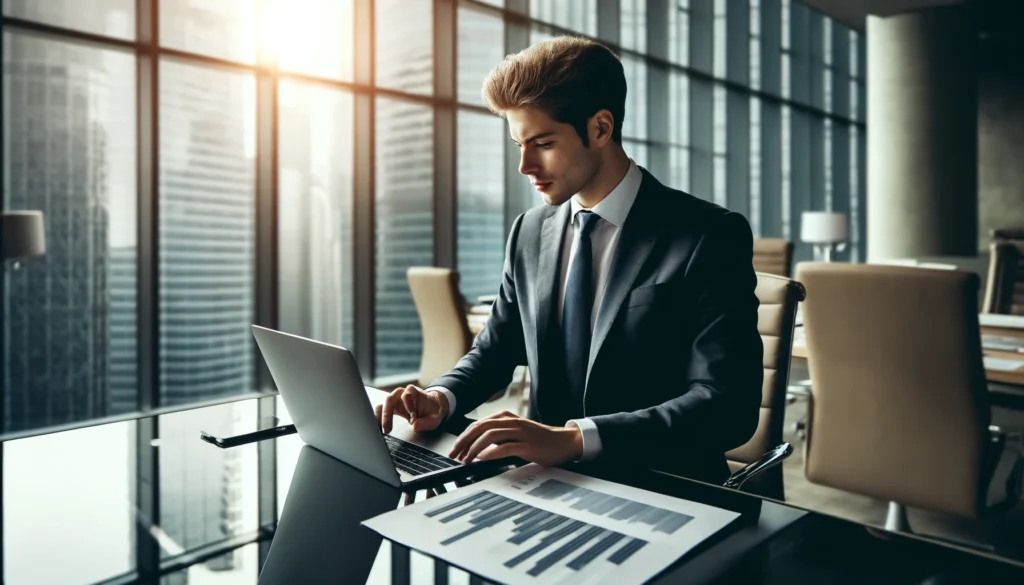 Create a wide image of a business professional working at a sleek desk in a modern office setting. The person is wearing a suit and is focused on a laptop. There should be business documents spread out on the desk, and the backdrop should feature large windows with a city view, giving the impression of a high-rise office building. The atmosphere should convey productivity and professionalism in a corporate environment.