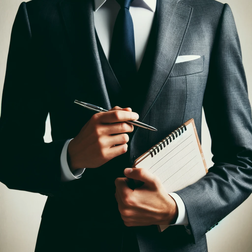 Create an image of a professional dressed in a suit, standing against a plain, light background. The person is holding a notepad or a planner and a pen, with the items partially obscured by their torso. The individual's posture suggests readiness and competence, embodying the essence of a business professional prepared for a meeting or day at the office.